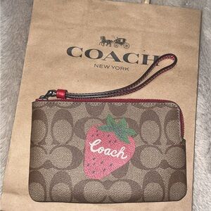 Coach Brown Wristlet with Strawberry Design
